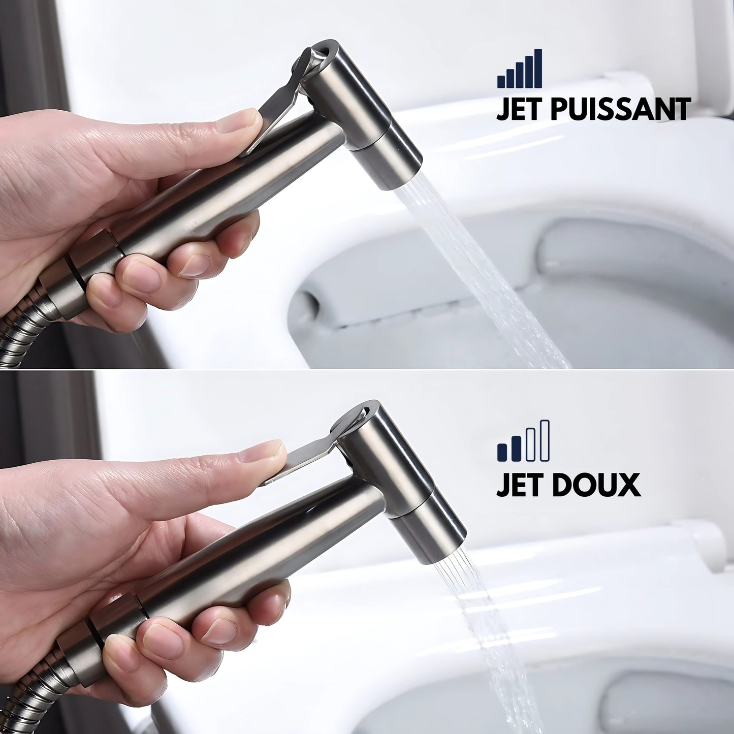 Douchette WC avec robinet d'arrêt – Argent – Flexible & support inclus