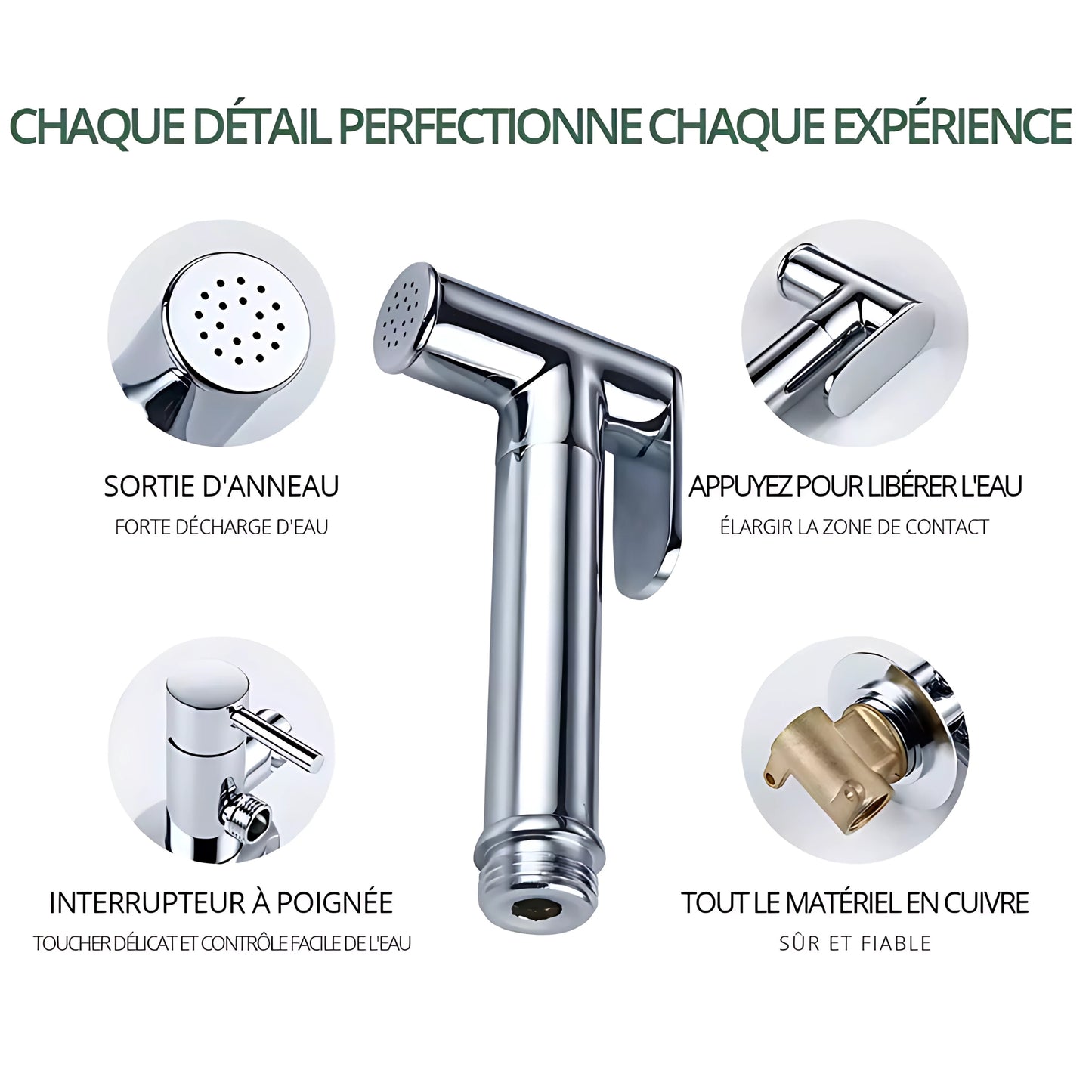 Douchette WC avec robinet d'arrêt – Chromé – Flexible & support inclus