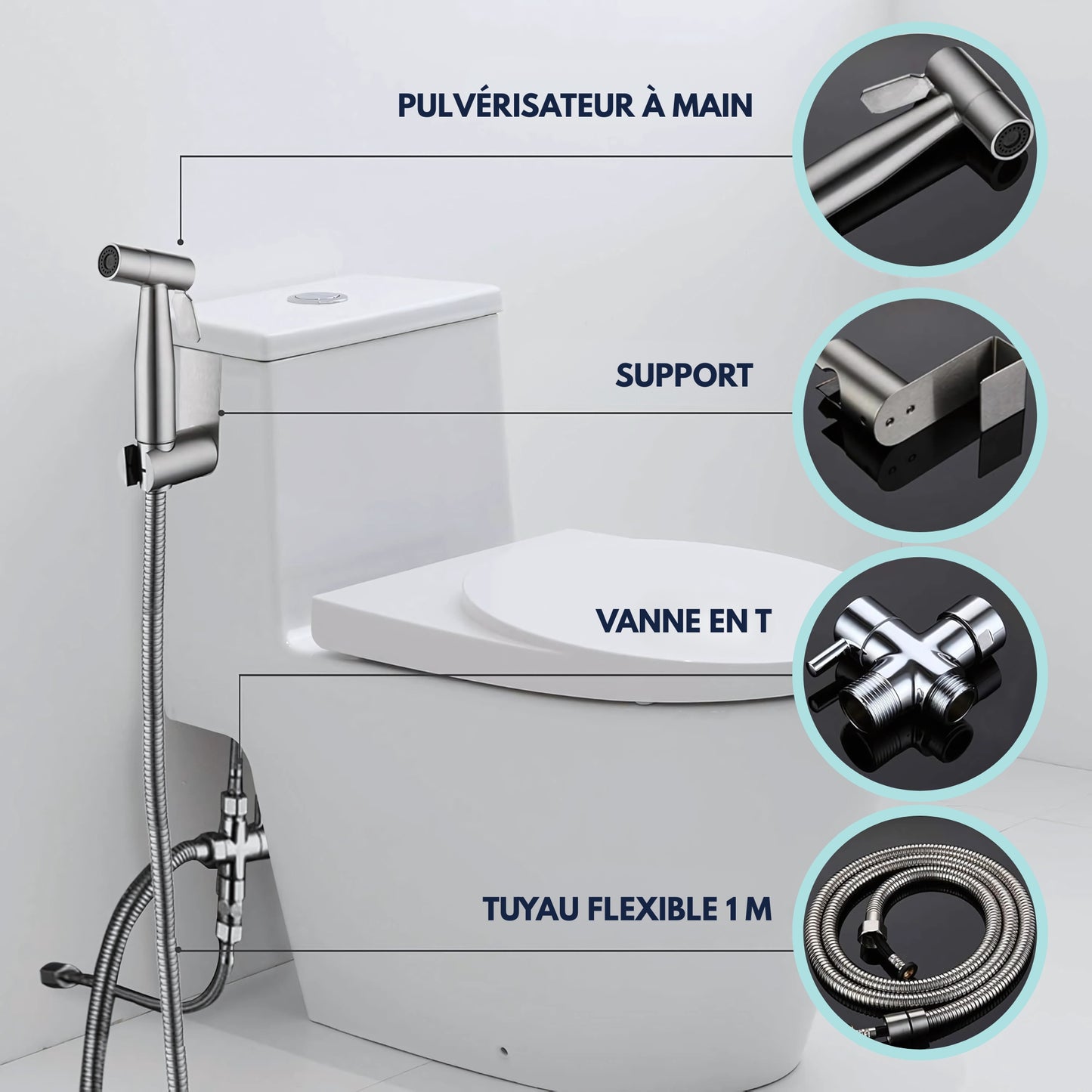 Douchette WC avec robinet d'arrêt – Argent – Flexible & support inclus