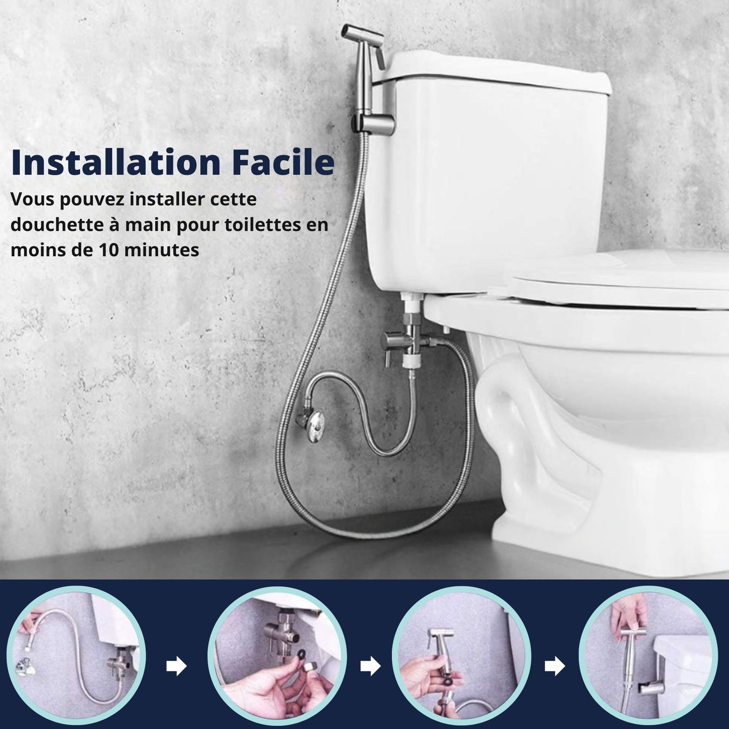 Douchette WC avec robinet d'arrêt – Argent – Flexible & support inclus