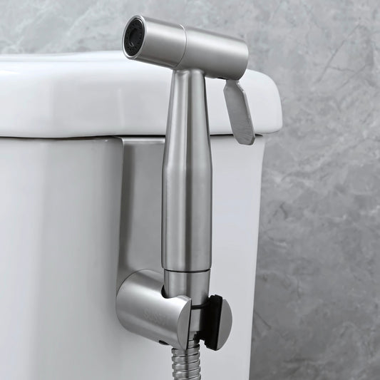 Douchette WC avec robinet d'arrêt – Argent – Flexible & support inclus