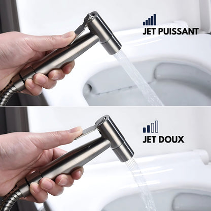 Douchette WC avec robinet d'arrêt – Argent – Flexible & support inclus