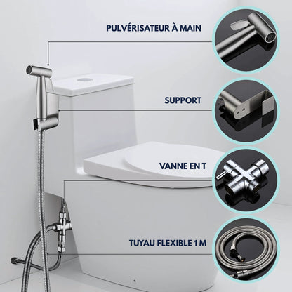 Douchette WC avec robinet d'arrêt – Argent – Flexible & support inclus